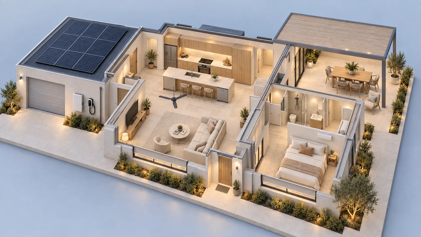 A single-storey Australian home at dusk, cut away to show every room.