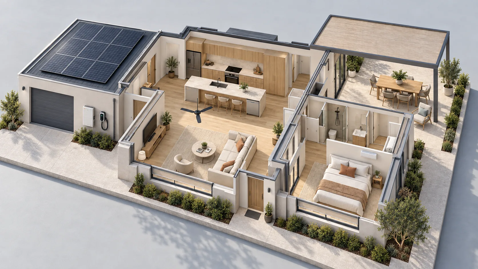 Garage with rooftop solar, a wall battery and an EV charger in late-morning sun.