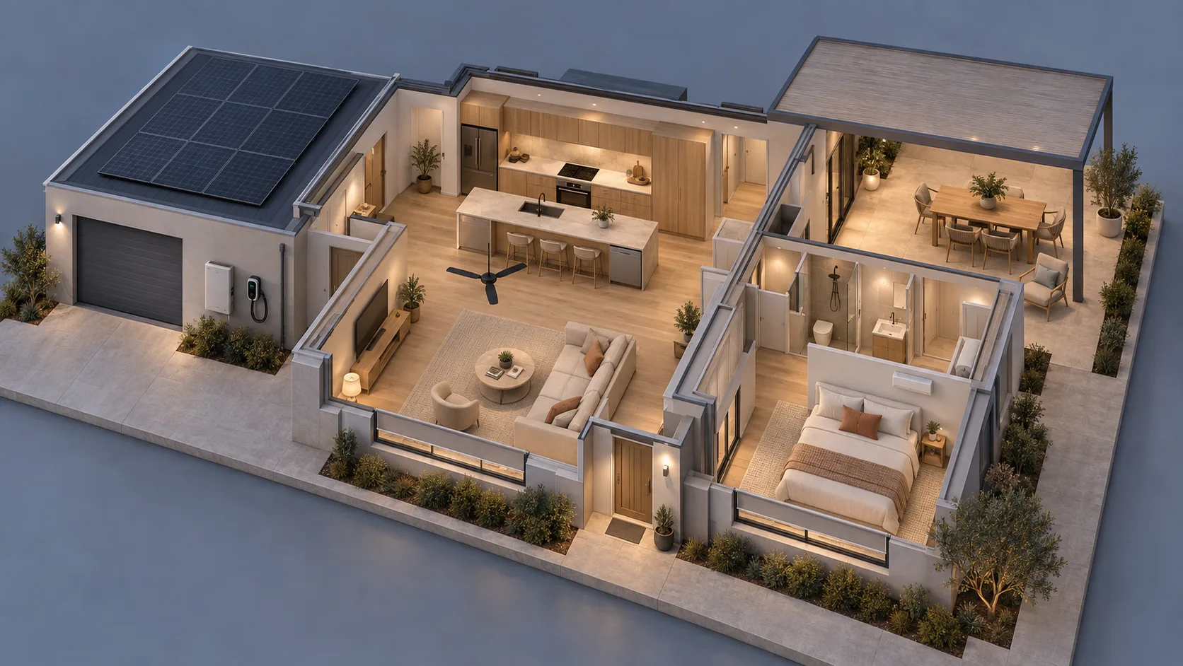 The whole house at dusk with lights on in every room, run as one system.