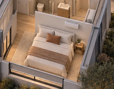 Bedroom with a wall-mounted split-system air conditioner above the bed.