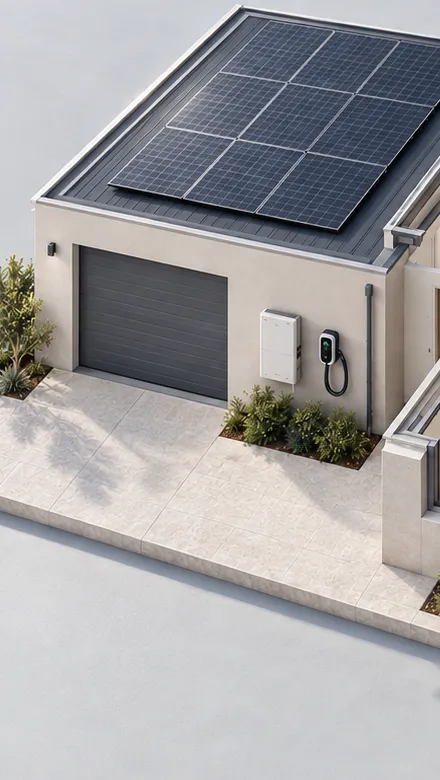 Garage with solar panels on the roof, and a wall battery and EV charger beside the door.