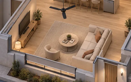 Living room at dusk with the floor lamp and downlights on.
